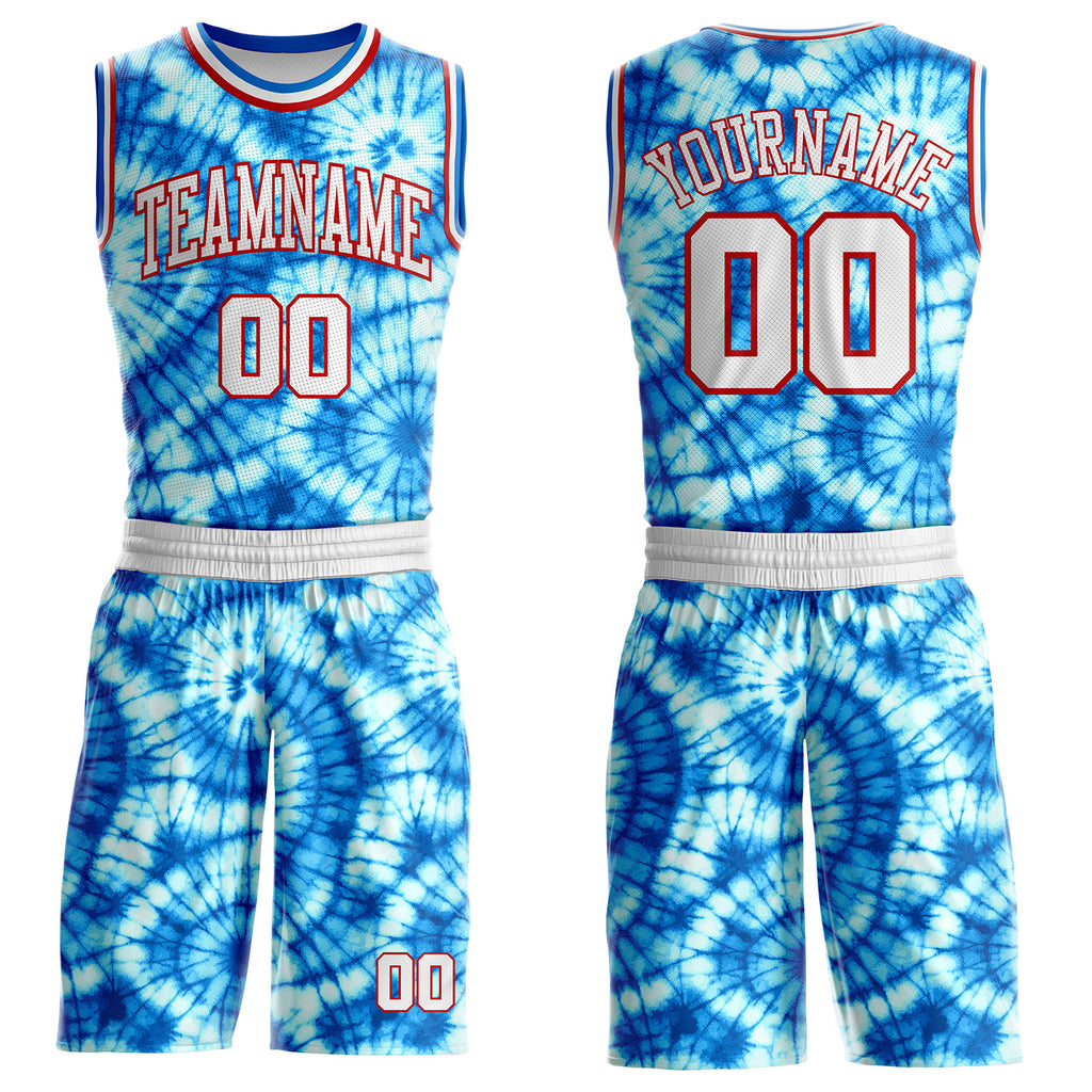 Custom Tie Dye White Red-Blue Swirl Round Neck Sublimation Basketball Uniform Jersey