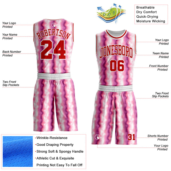 Custom Tie Dye Red-White Stripe Round Neck Sublimation Basketball Uniform Jersey