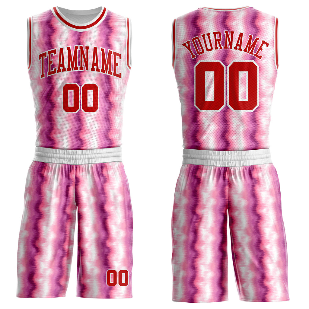 Custom Tie Dye Red-White Stripe Round Neck Sublimation Basketball Uniform Jersey