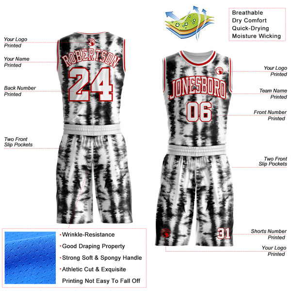Custom Tie Dye White-Red Stripe Round Neck Sublimation Basketball Uniform Jersey