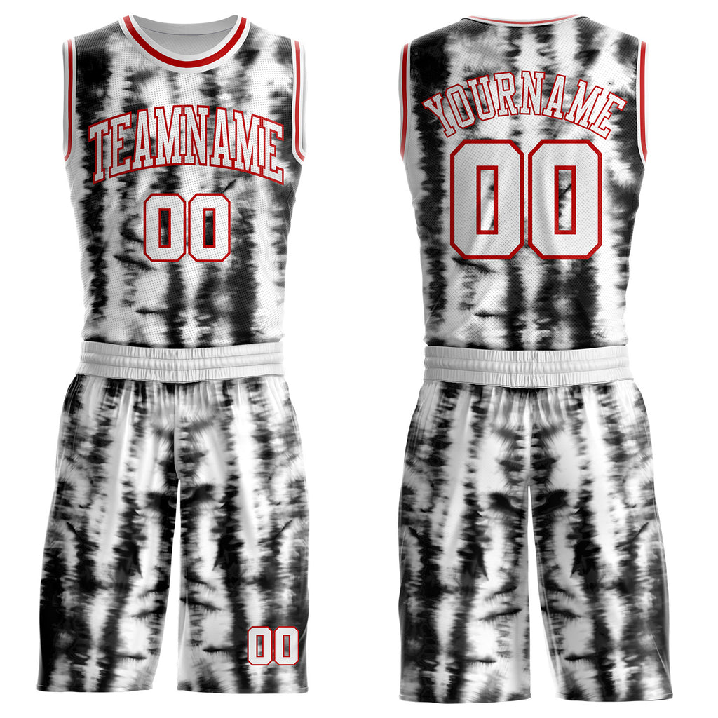 Custom Tie Dye White-Red Stripe Round Neck Sublimation Basketball Uniform Jersey