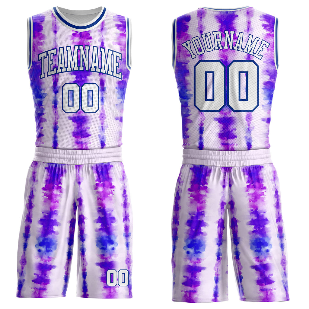 Custom Tie Dye White-Royal Stripe Round Neck Sublimation Basketball Uniform Jersey