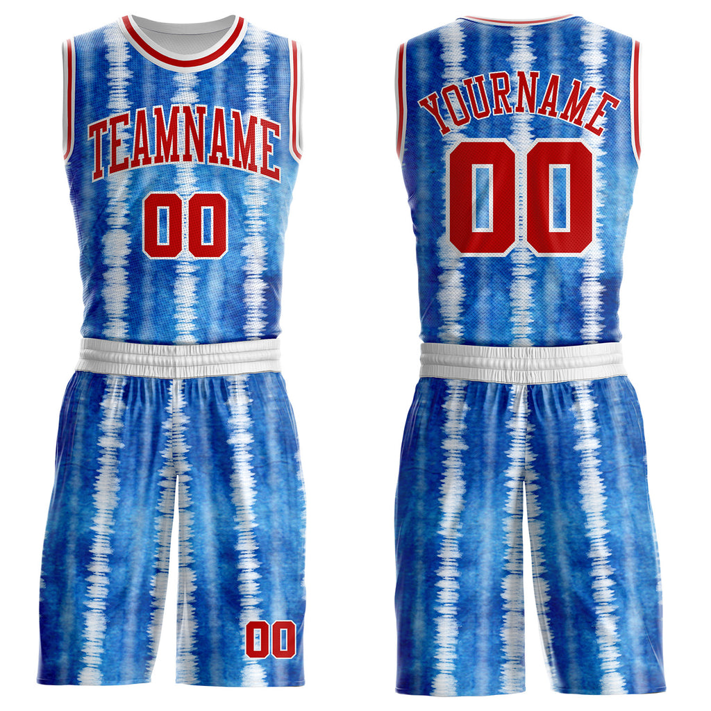 Custom Tie Dye Red-White Stripe Round Neck Sublimation Basketball Uniform Jersey