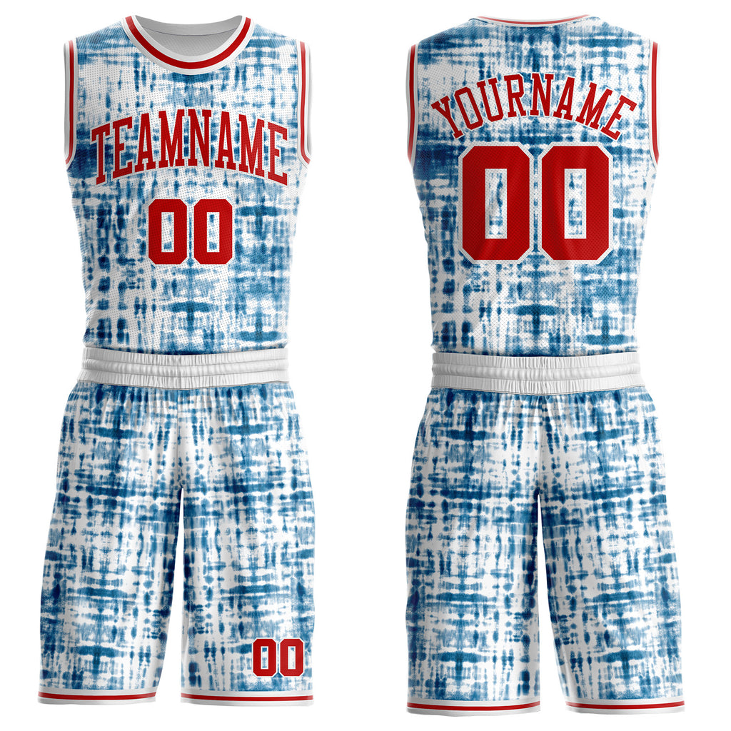 Custom Tie Dye Red-White Abstract Grid Round Neck Sublimation Basketball Uniform Jersey