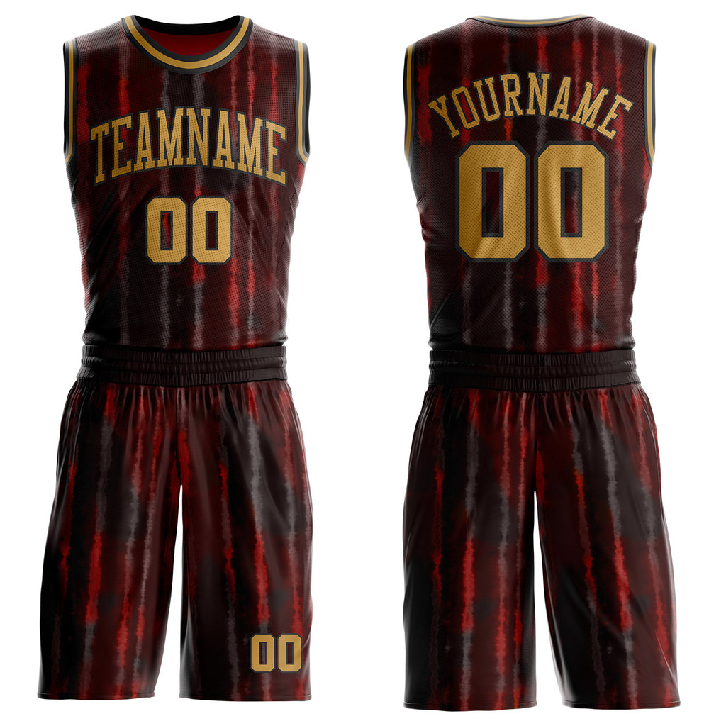 Custom Tie Dye Old Gold-Black Stripe Round Neck Sublimation Basketball Uniform Jersey