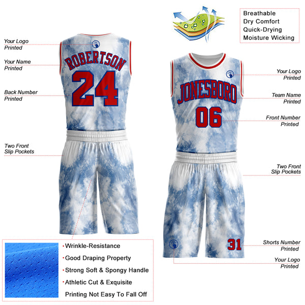 Custom Tie Dye Red Royal-White Watercolor Round Neck Sublimation Basketball Uniform Jersey
