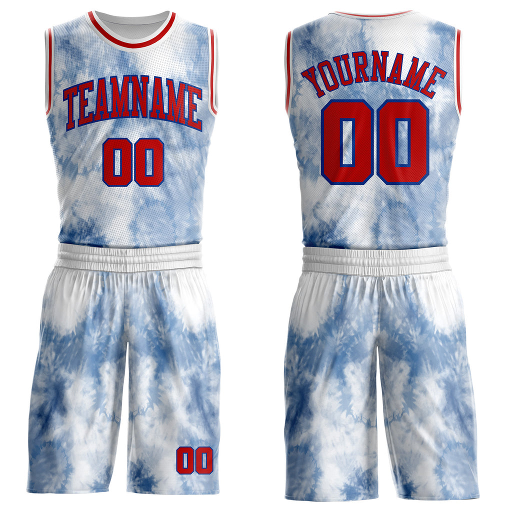 Custom Tie Dye Red Royal-White Watercolor Round Neck Sublimation Basketball Uniform Jersey