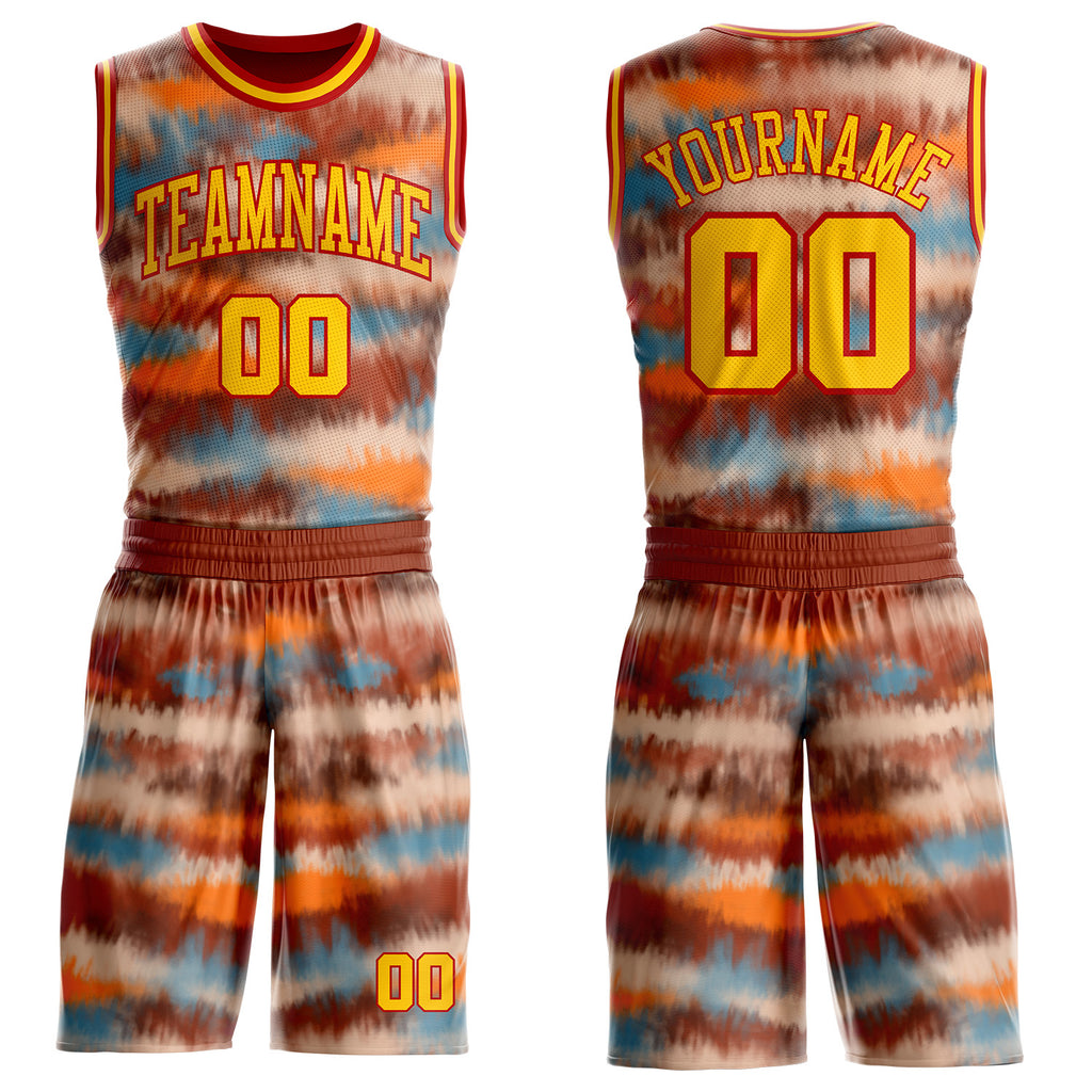 Custom Tie Dye Yellow-Red Watercolor Round Neck Sublimation Basketball Uniform Jersey