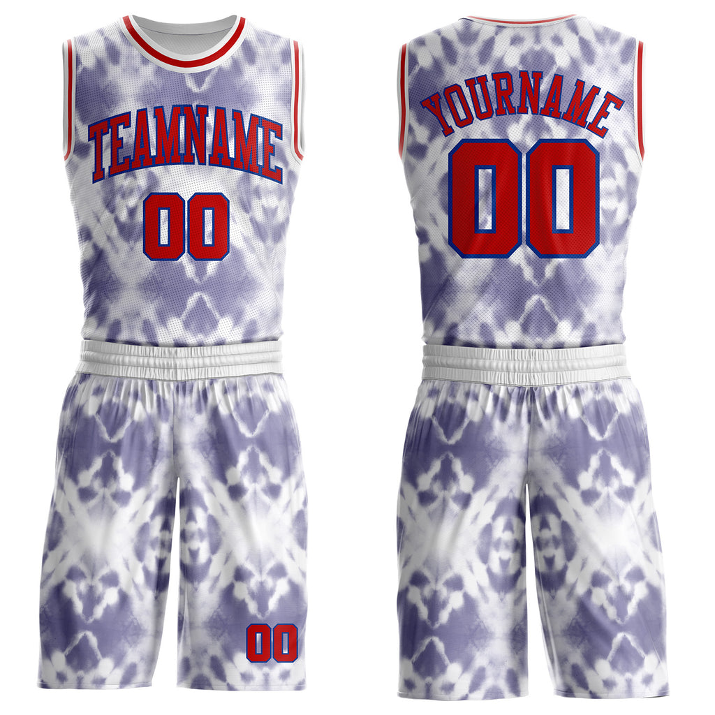 Custom Tie Dye Red Royal-White Watercolor Round Neck Sublimation Basketball Uniform Jersey