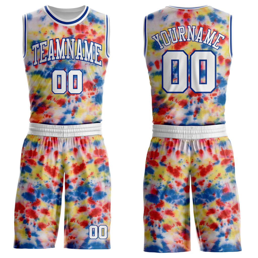 Custom Tie Dye White-Royal Watercolor Round Neck Sublimation Basketball Uniform Jersey