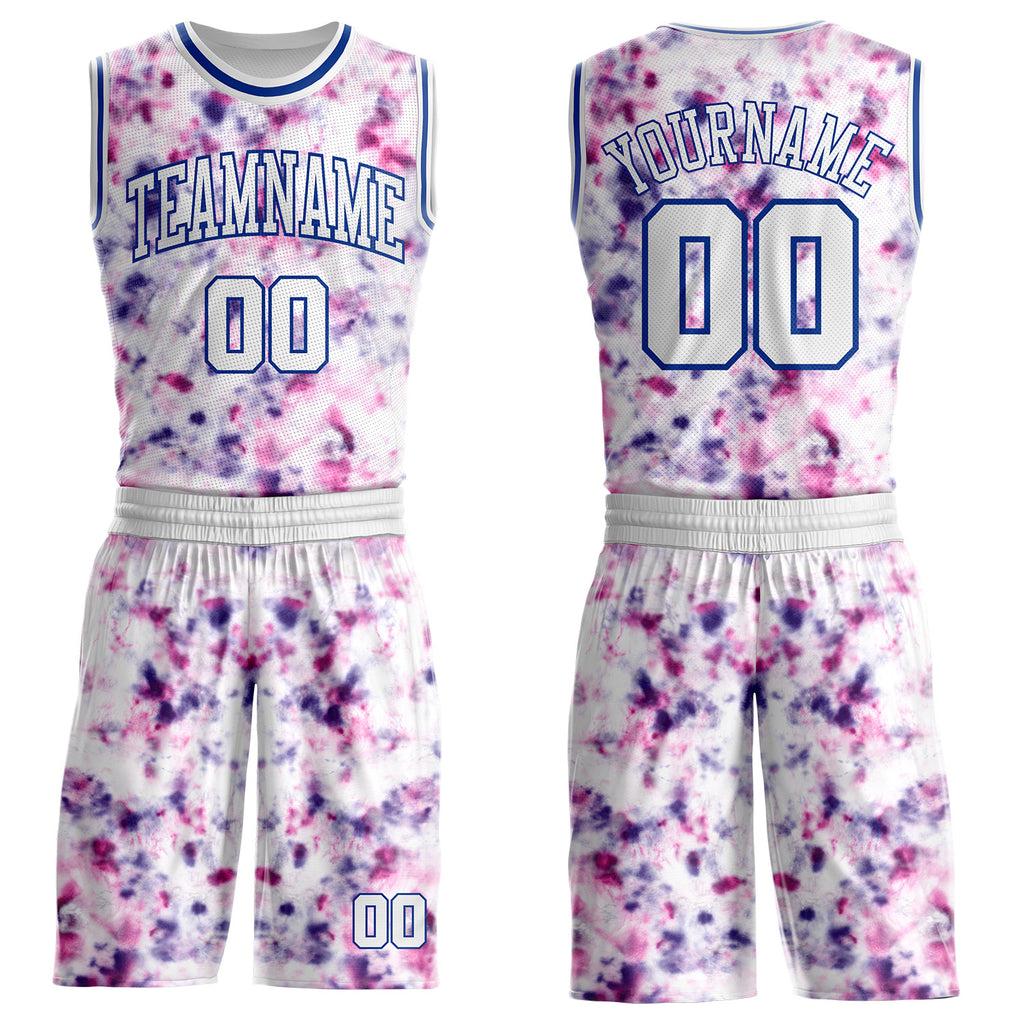 Custom Tie Dye White-Royal Watercolor Round Neck Sublimation Basketball Uniform Jersey