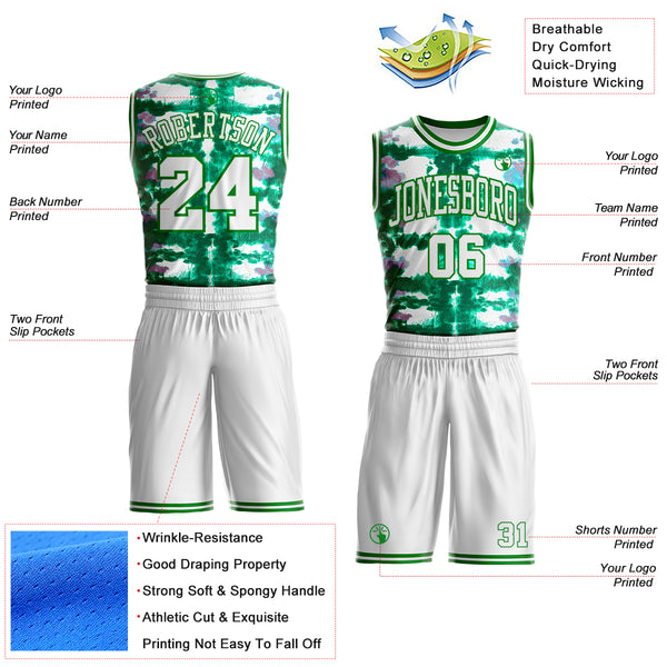 Custom Tie Dye White-Grass Green Watercolor Round Neck Sublimation Basketball Uniform Jersey