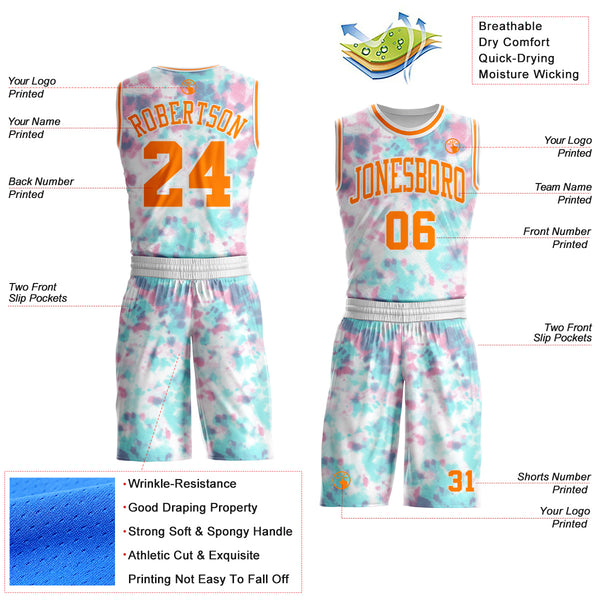 Custom Tie Dye Bay Orange-White Watercolor Round Neck Sublimation Basketball Uniform Jersey