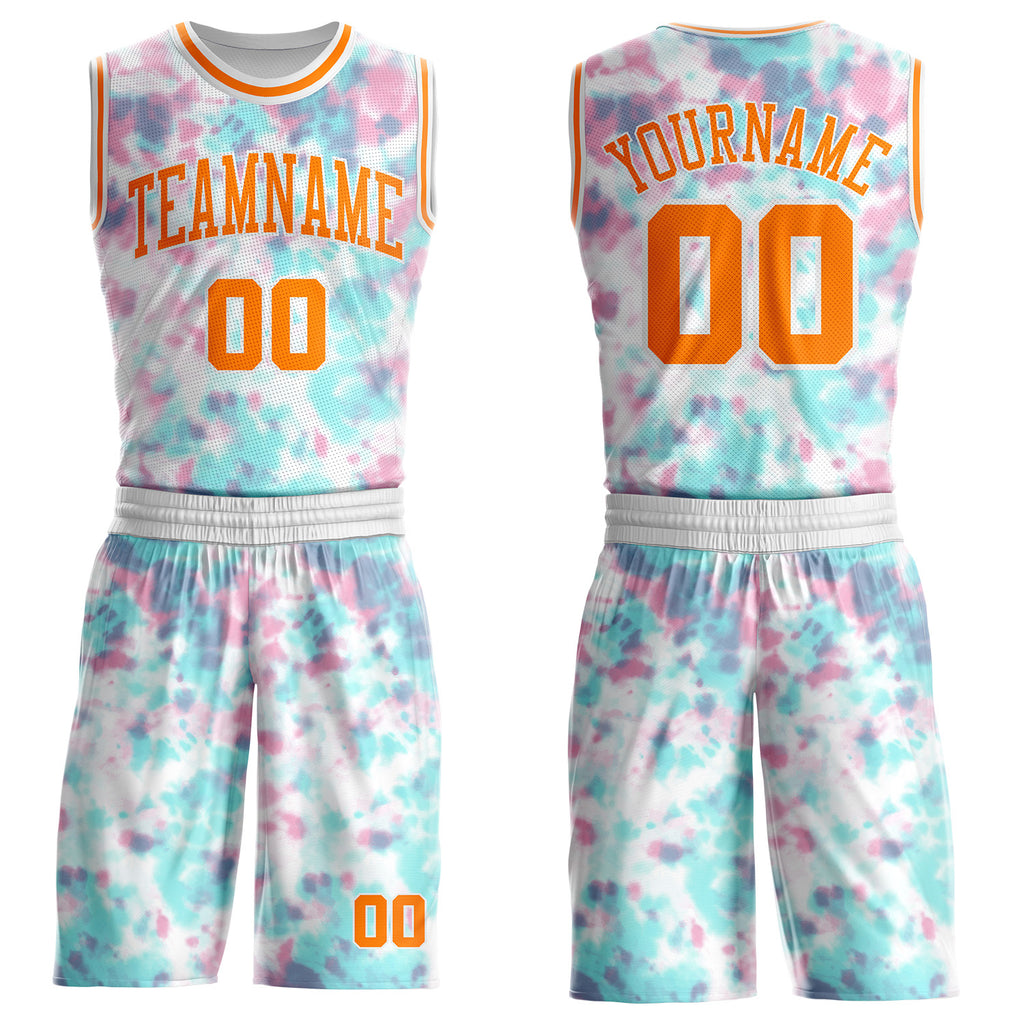 Custom Tie Dye Bay Orange-White Watercolor Round Neck Sublimation Basketball Uniform Jersey