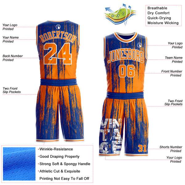 Custom Royal Bay Orange-White Grunge Scratch Round Neck Sublimation Basketball Uniform Jersey