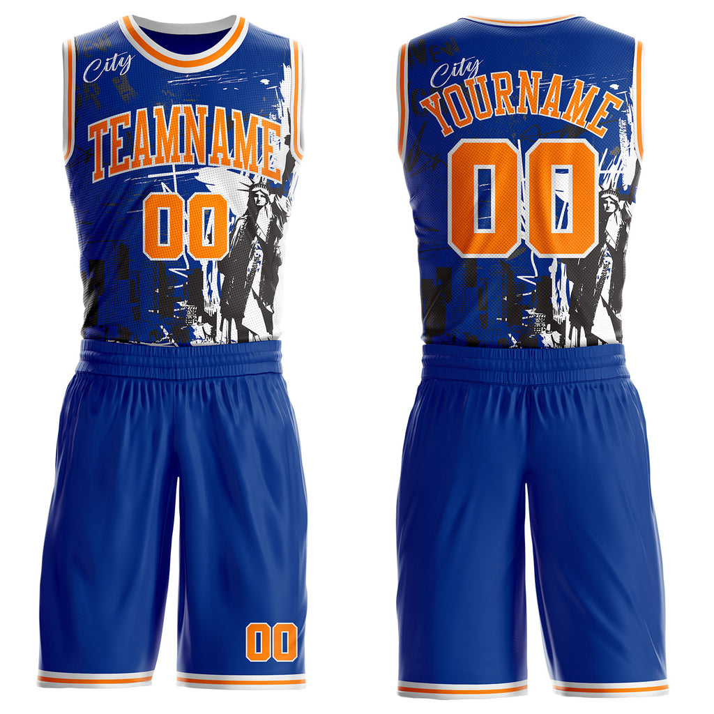 Custom Royal Bay Orange-White New York Statue Of Liberty Round Neck Sublimation Basketball Uniform Jersey