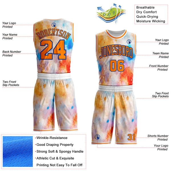Custom White Bay Orange-Royal New York Splash Watercolor Round Neck Sublimation Basketball Uniform Jersey