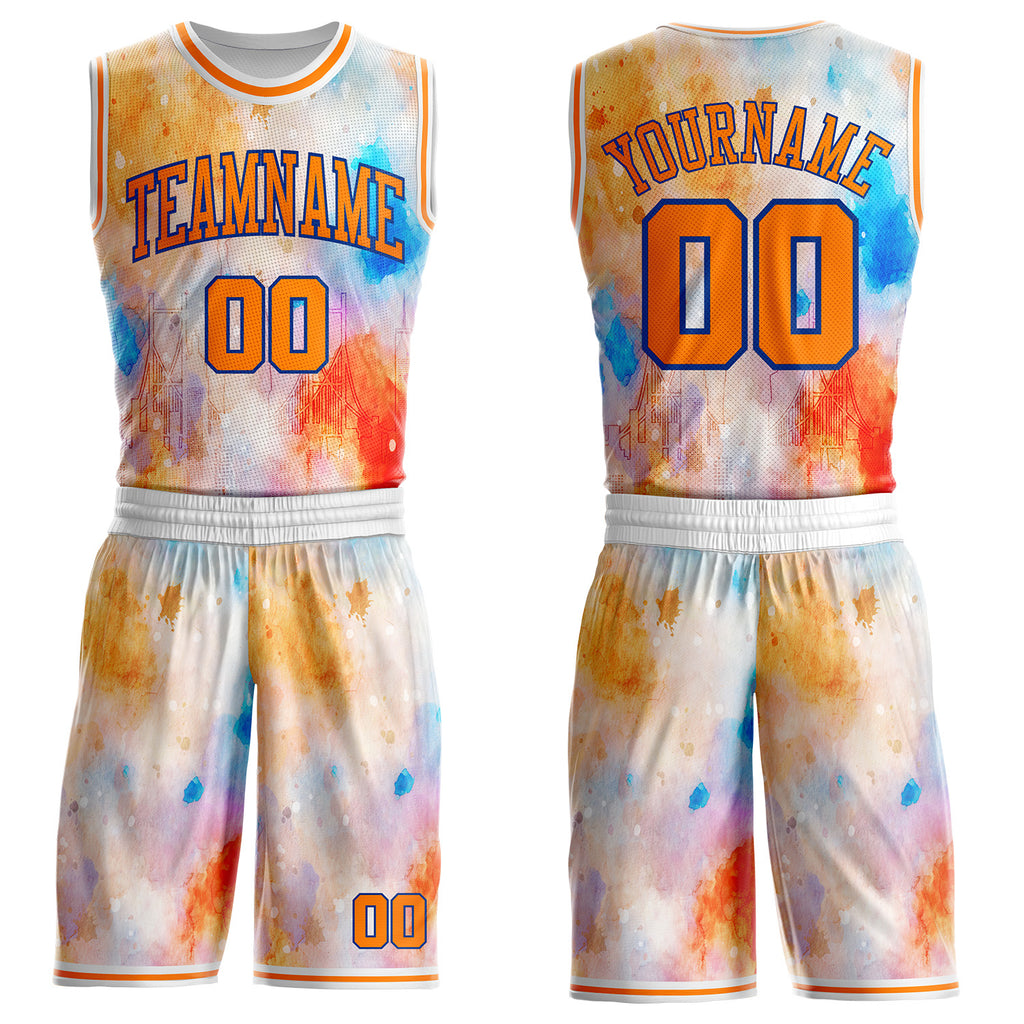 Custom White Bay Orange-Royal New York Splash Watercolor Round Neck Sublimation Basketball Uniform Jersey