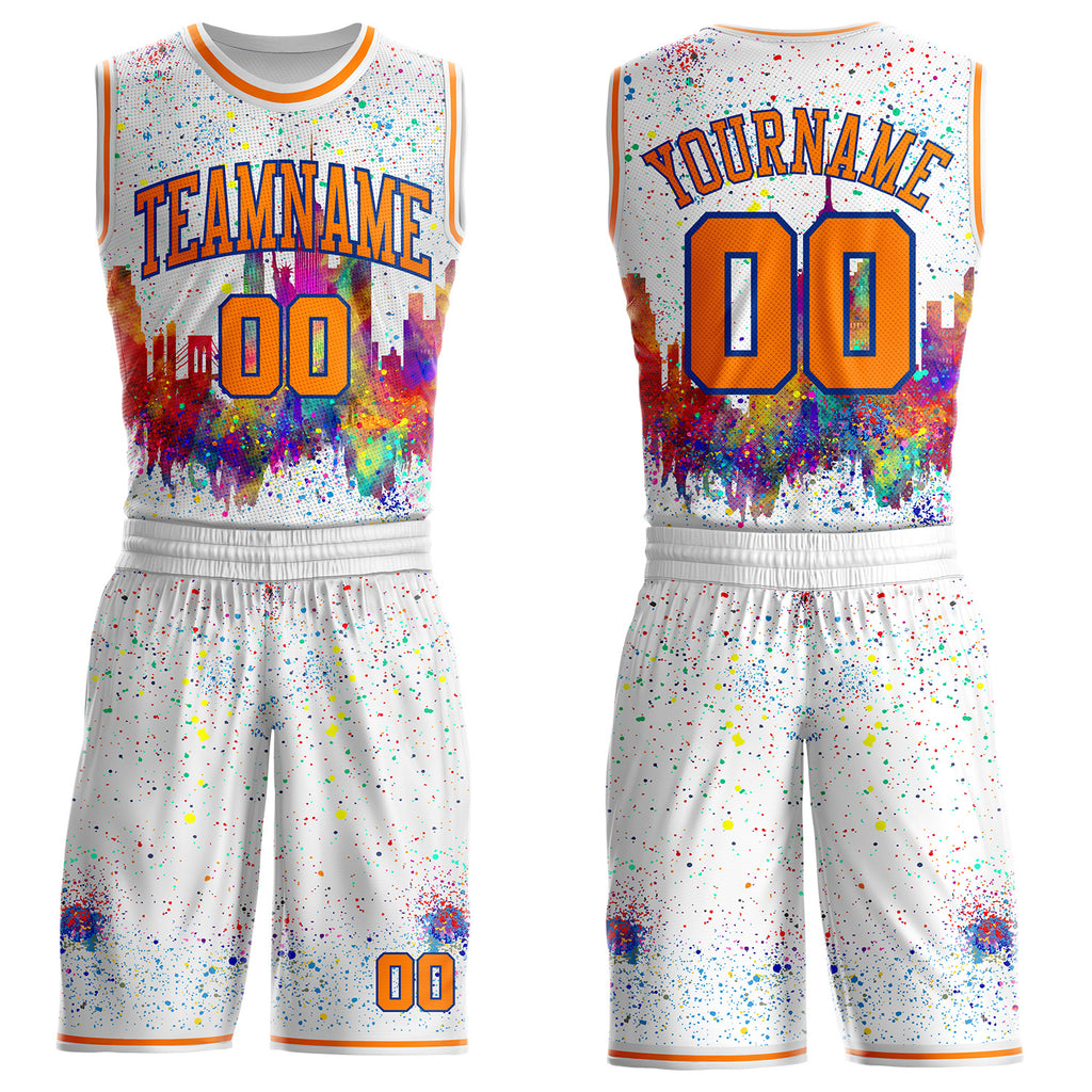 Custom White Bay Orange-Royal New York Silhouette Round Neck Sublimation Basketball Uniform Jersey