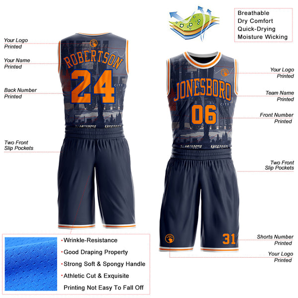 Custom Navy Bay Orange Royal-White New York Statue Of Liberty Round Neck Sublimation Basketball Uniform Jersey