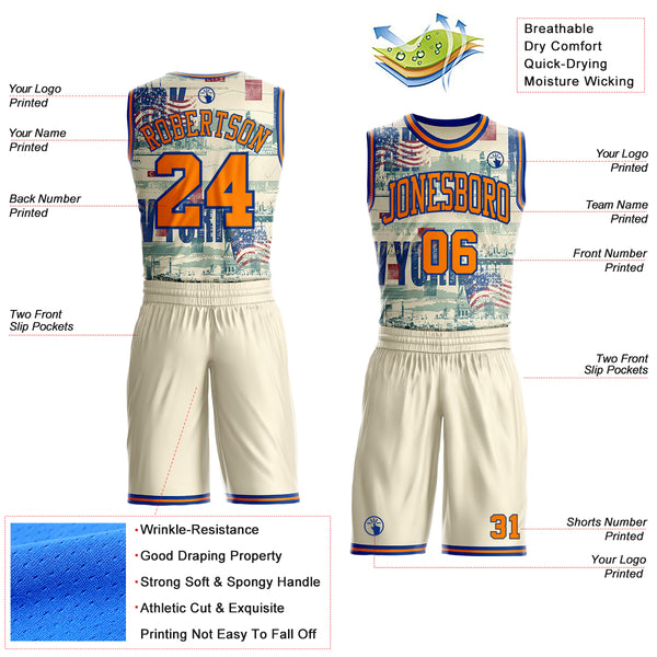 Custom Cream Bay Orange-Royal New York Vintage USA Flag Round Neck Sublimation Basketball Uniform Jersey