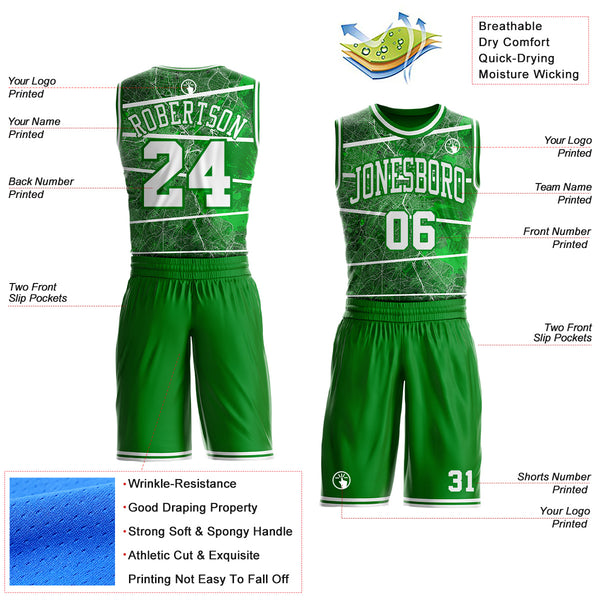 Custom Grass Green-White Boston Street Map Round Neck Sublimation Basketball Uniform Jersey