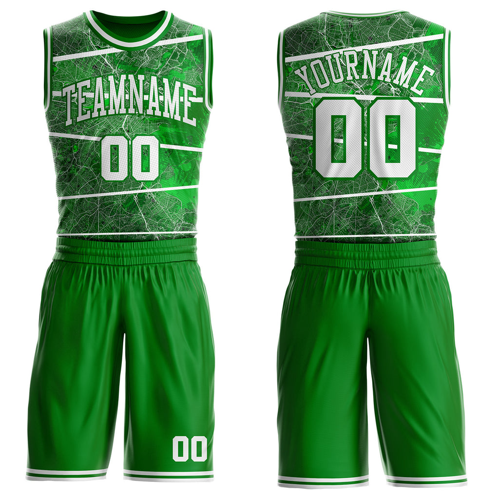 Custom Grass Green-White Boston Street Map Round Neck Sublimation Basketball Uniform Jersey