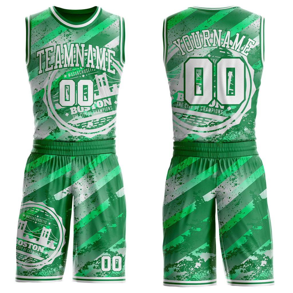 Custom Green-White Boston Victory City Round Neck Sublimation Basketball Uniform Jersey