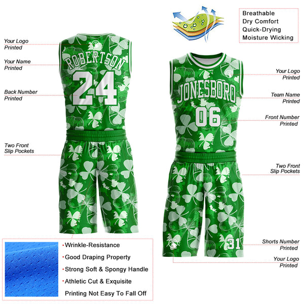 Custom Grass Green-White St. Patrick's Day Shamrock Round Neck Sublimation Basketball Uniform Jersey