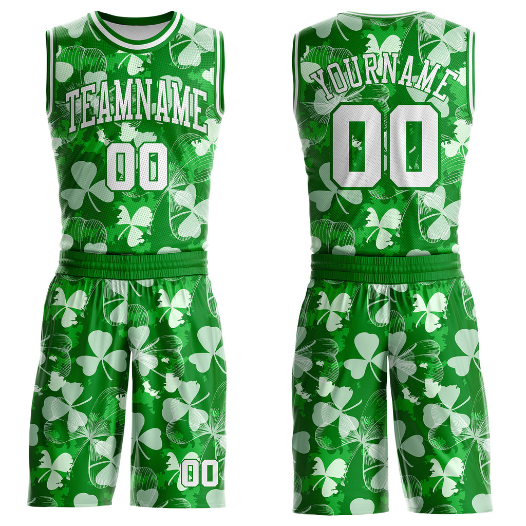 Custom Grass Green-White St. Patrick's Day Shamrock Round Neck Sublimation Basketball Uniform Jersey