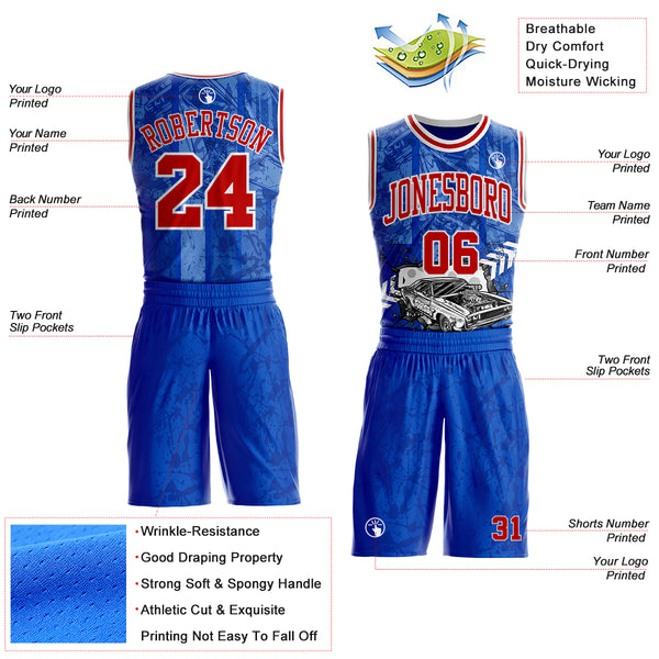 Custom Royal Red-White Detroit Street Racing Car Round Neck Sublimation Basketball Uniform Jersey