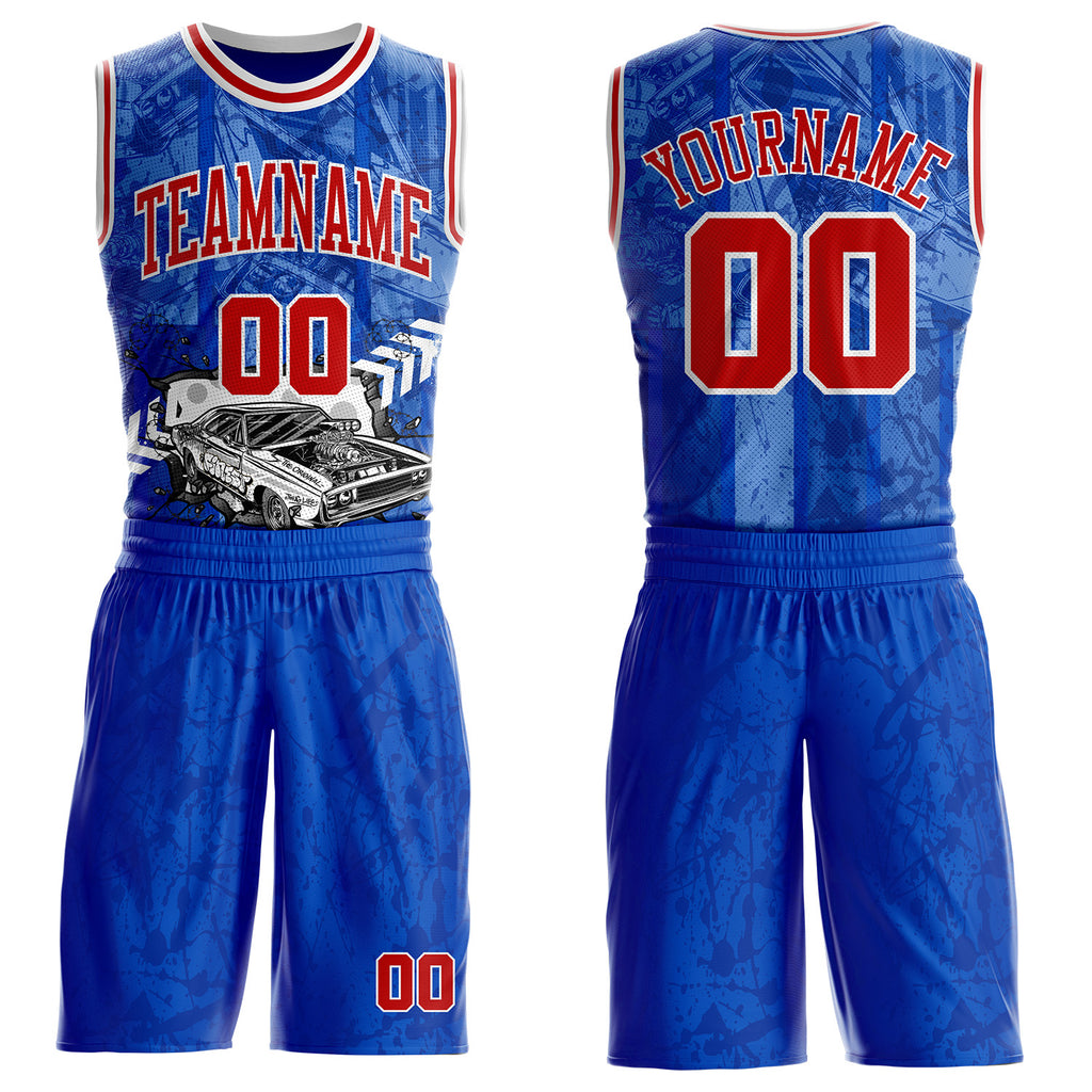 Custom Royal Red-White Detroit Street Racing Car Round Neck Sublimation Basketball Uniform Jersey