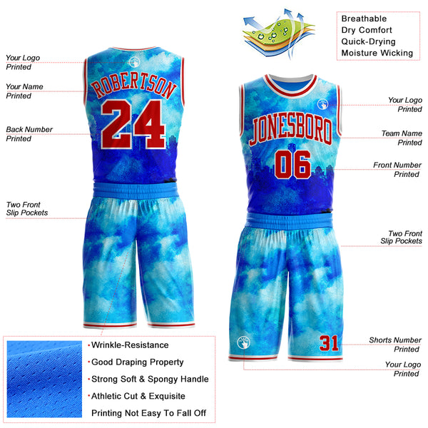 Custom Blue Red-White Detroit Silhouette Splash Watercolor Round Neck Sublimation Basketball Uniform Jersey