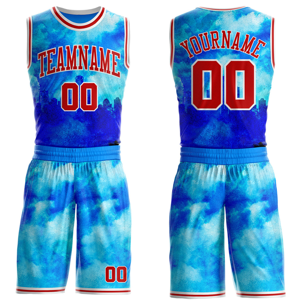 Custom Blue Red-White Detroit Silhouette Splash Watercolor Round Neck Sublimation Basketball Uniform Jersey
