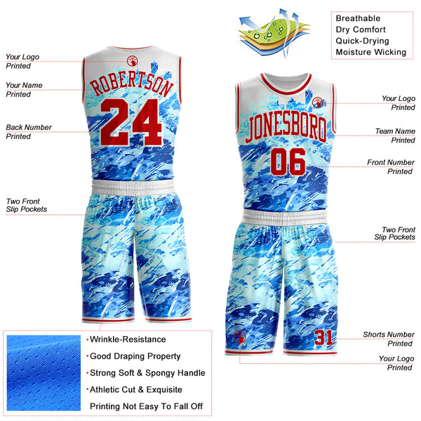 Custom Blue Red-White Detroit Silhouette Splatter Round Neck Sublimation Basketball Uniform Jersey