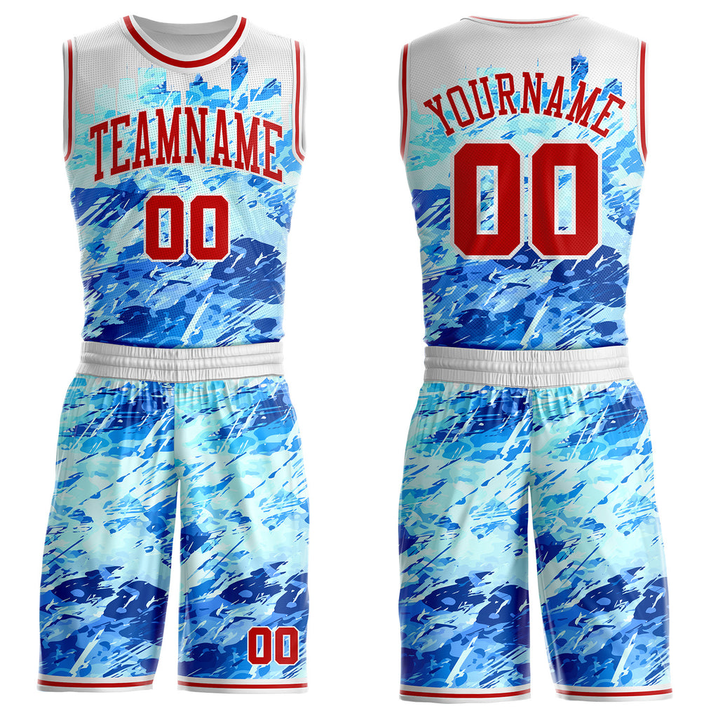 Custom Blue Red-White Detroit Silhouette Splatter Round Neck Sublimation Basketball Uniform Jersey