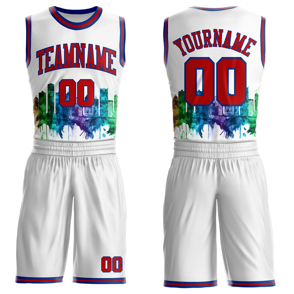 Custom White Red-Royal Detroit Silhouette Splatter Round Neck Sublimation Basketball Uniform Jersey