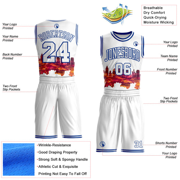 Custom White-Royal Philadelphia Silhouette Round Neck Sublimation Basketball Uniform Jersey