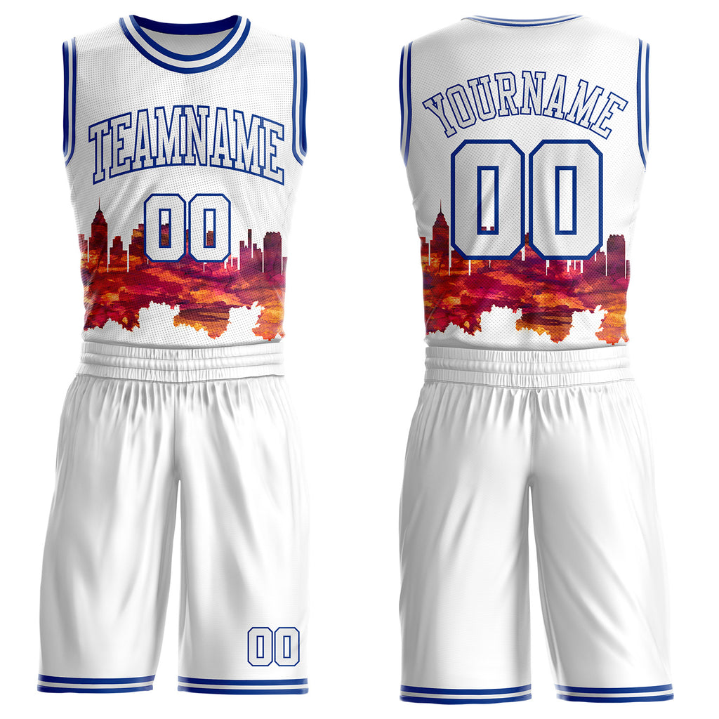 Custom White-Royal Philadelphia Silhouette Round Neck Sublimation Basketball Uniform Jersey