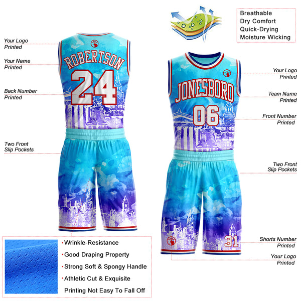 Custom Blue White Red-Royal Philadelphia Liberty Bell Round Neck Sublimation Basketball Uniform Jersey