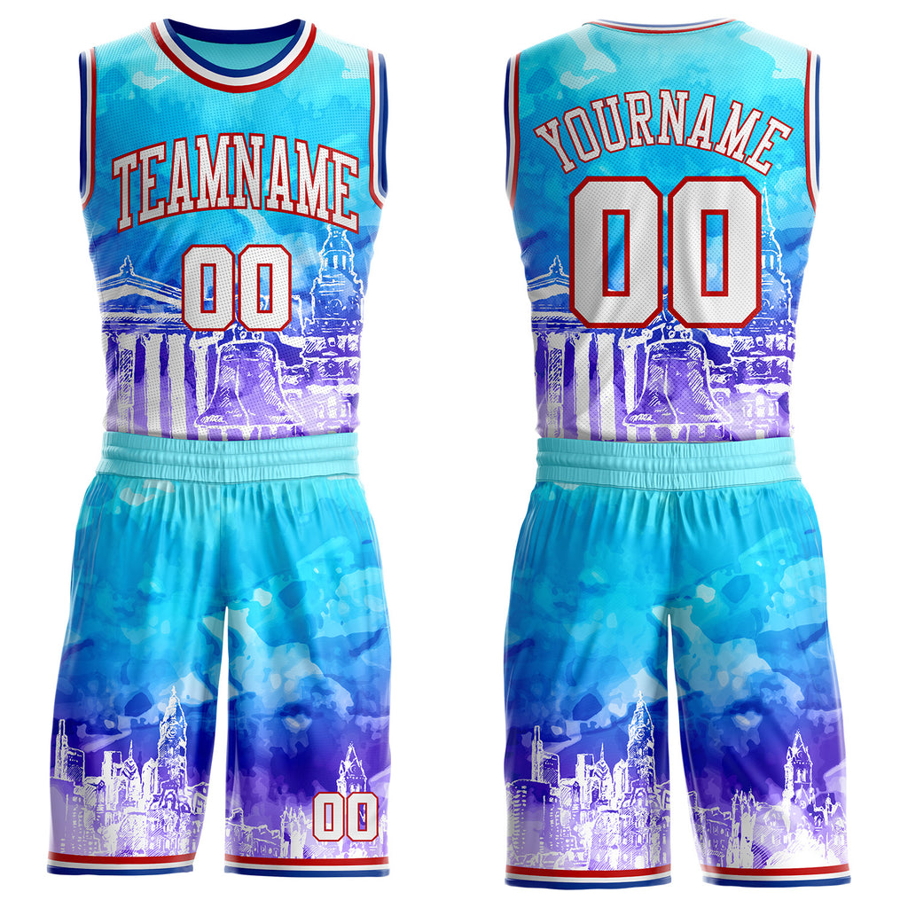 Custom Blue White Red-Royal Philadelphia Liberty Bell Round Neck Sublimation Basketball Uniform Jersey