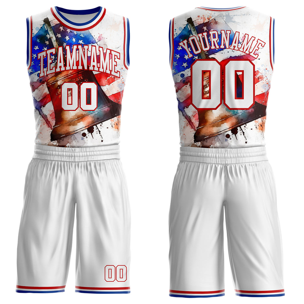 Custom White Red-Royal Philadelphia US Flag Liberty Bell Round Neck Sublimation Basketball Uniform Jersey