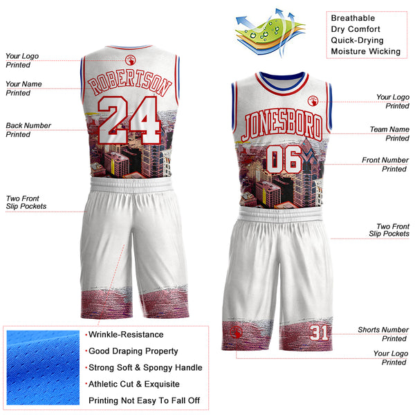 Custom White Red-Royal Philadelphia Silhouette Round Neck Sublimation Basketball Uniform Jersey