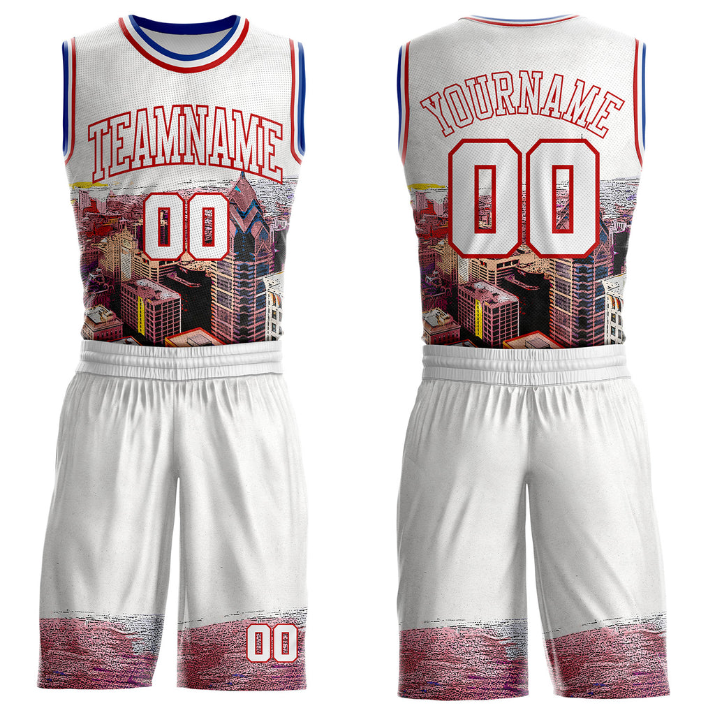 Custom White Red-Royal Philadelphia Silhouette Round Neck Sublimation Basketball Uniform Jersey