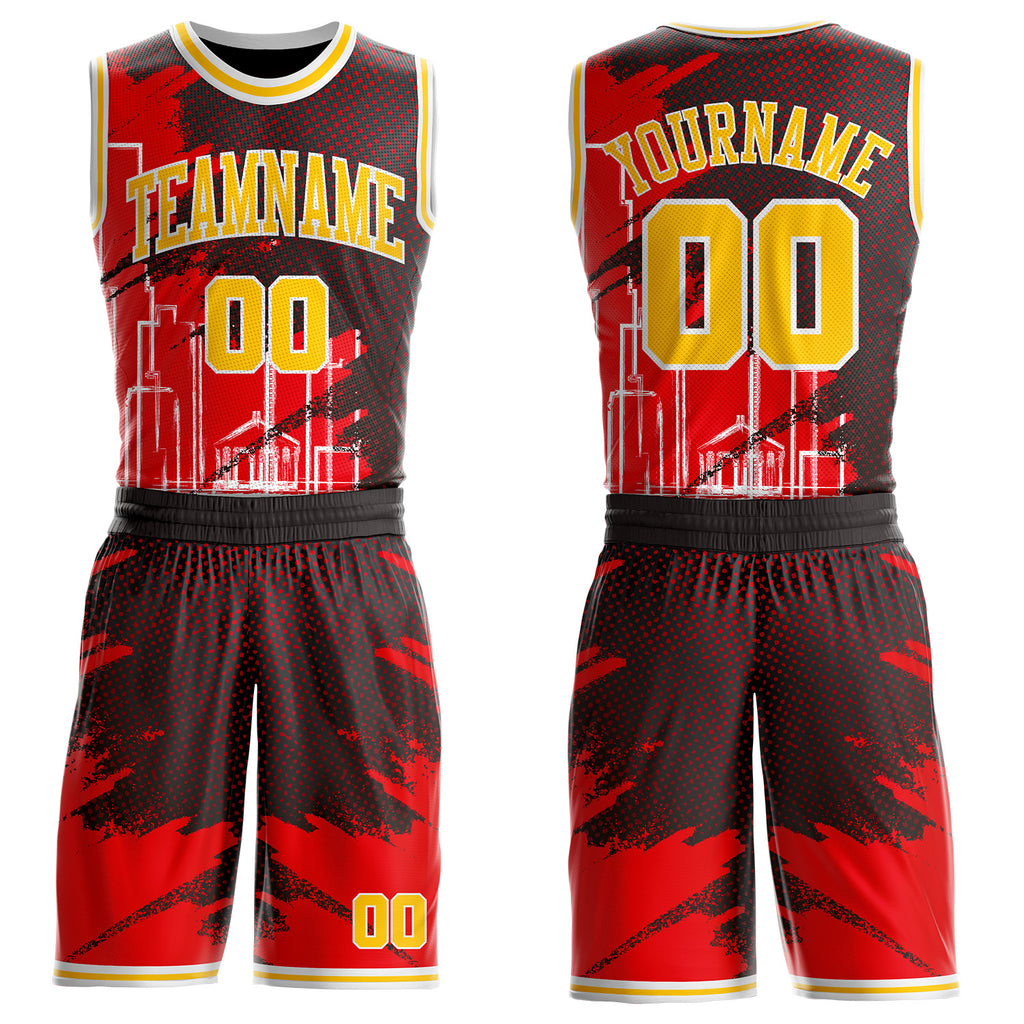 Custom Red Yellow Black-White Atlanta Silhouette Brush Stroke Round Neck Sublimation Basketball Uniform Jersey