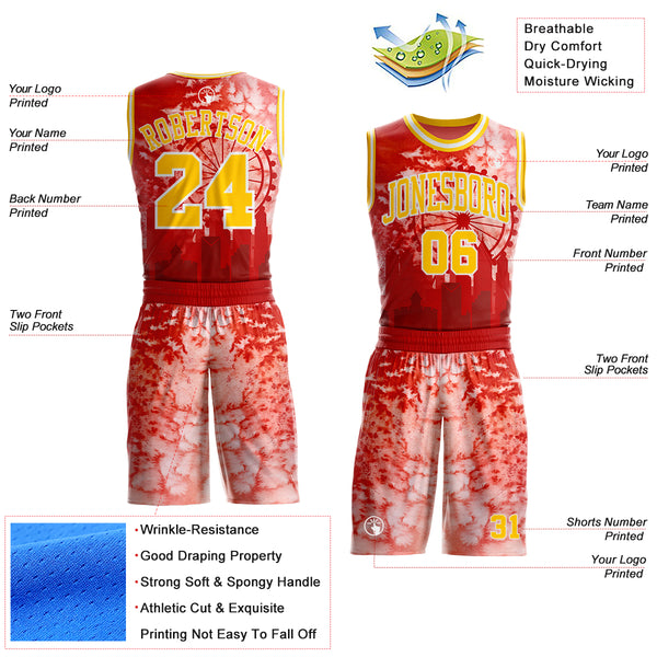 Custom Red Yellow-White Atlanta Silhouette Watercolor Round Neck Sublimation Basketball Uniform Jersey