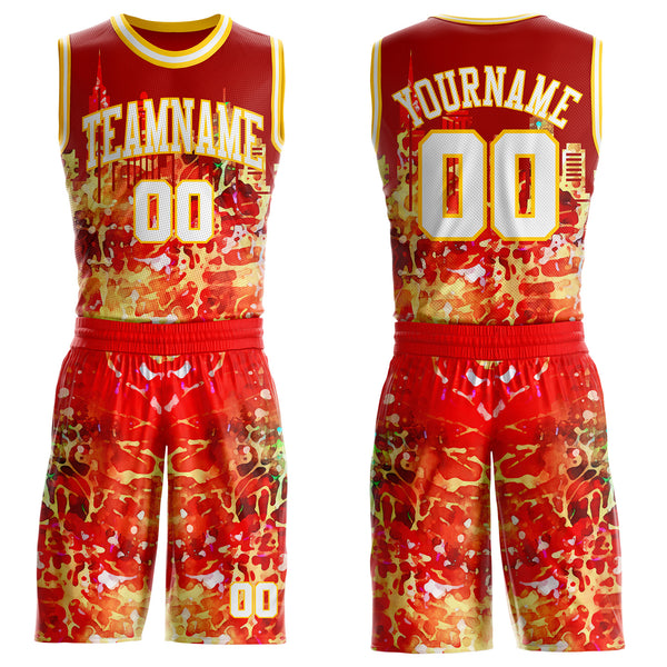 Custom Red White-Yellow Atlanta Silhouette Splatter Round Neck Sublimation Basketball Uniform Jersey