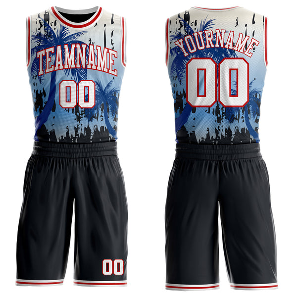 Custom Black White-Red Miami Beach Tropical Palm Tree Round Neck Sublimation Basketball Uniform Jersey