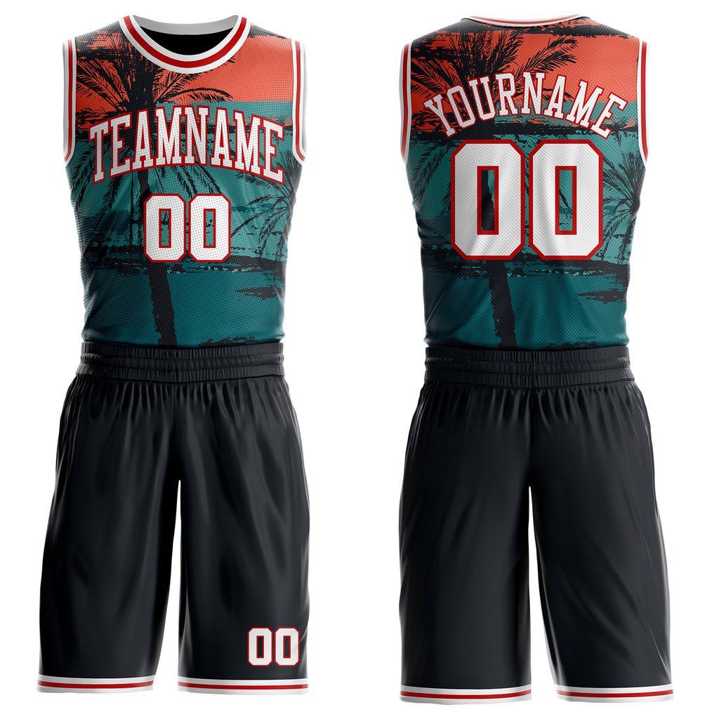 Custom Black White-Red Miami Beach Tropical Palm Tree Round Neck Sublimation Basketball Uniform Jersey
