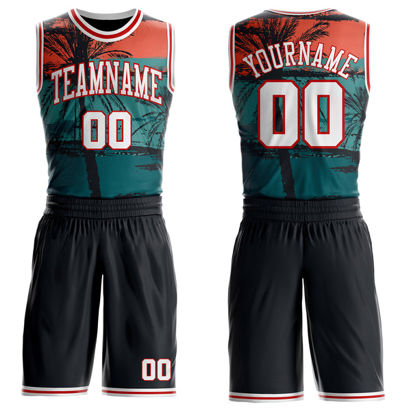 Custom Black White-Red Miami Beach Tropical Palm Tree Round Neck Sublimation Basketball Uniform Jersey